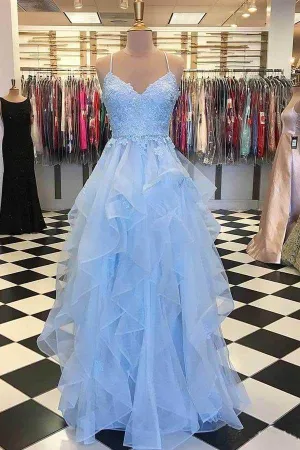 A Line Light Blue Spaghetti Straps Prom Dresses Sweetheart Long Evening Dresses WK606