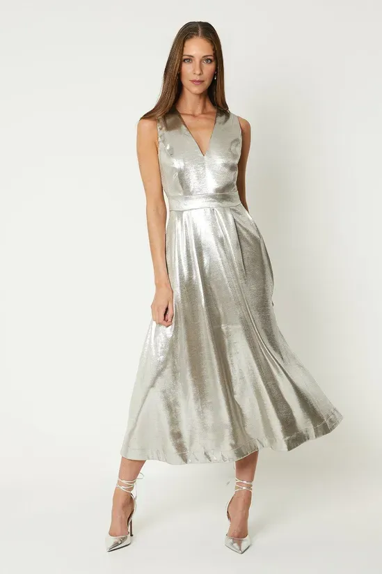 A-Line Plunge Dress In Metallic Sleeveless V-Neck Wedding Guest Dresses