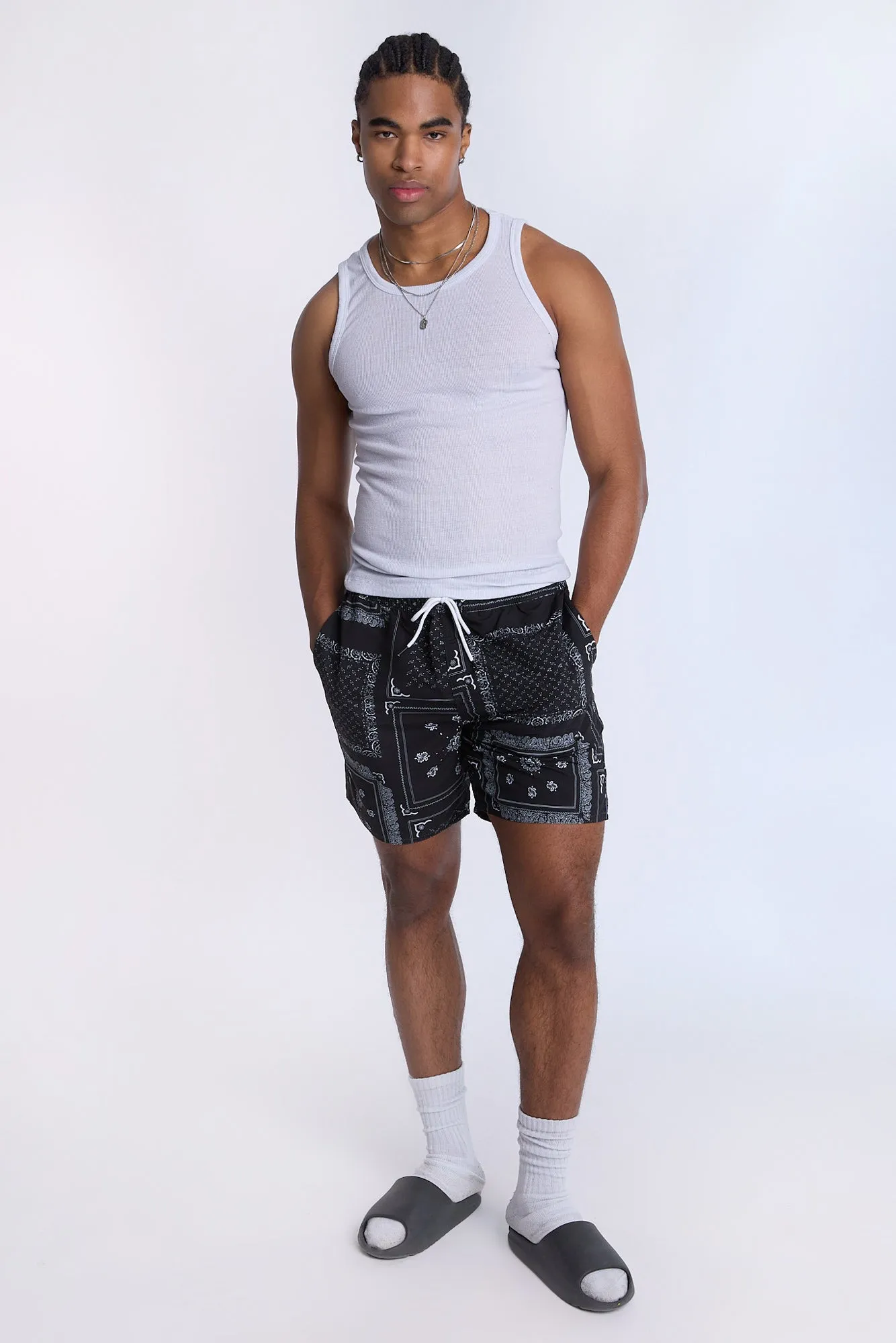 Arsenic Mens B&W Bandana Print Beach Shorts
