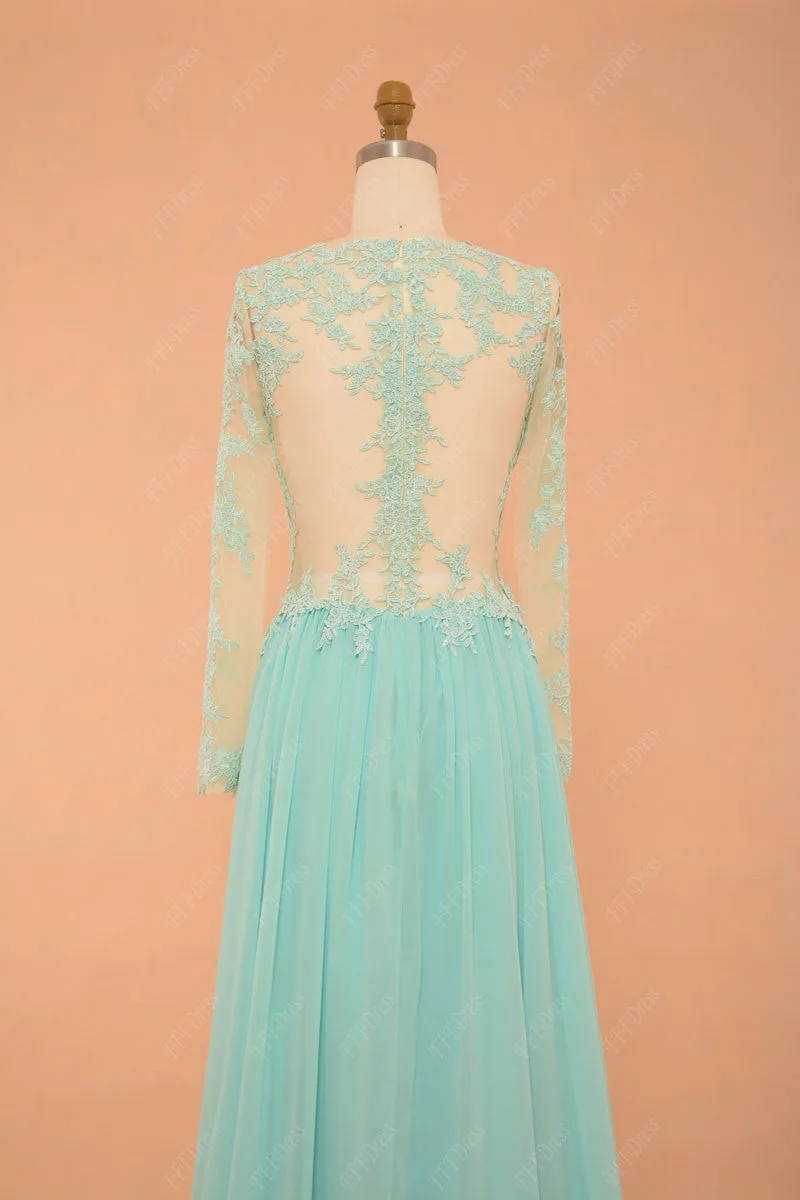 Backless Light Blue Modest Prom Dresses Long Sleeves