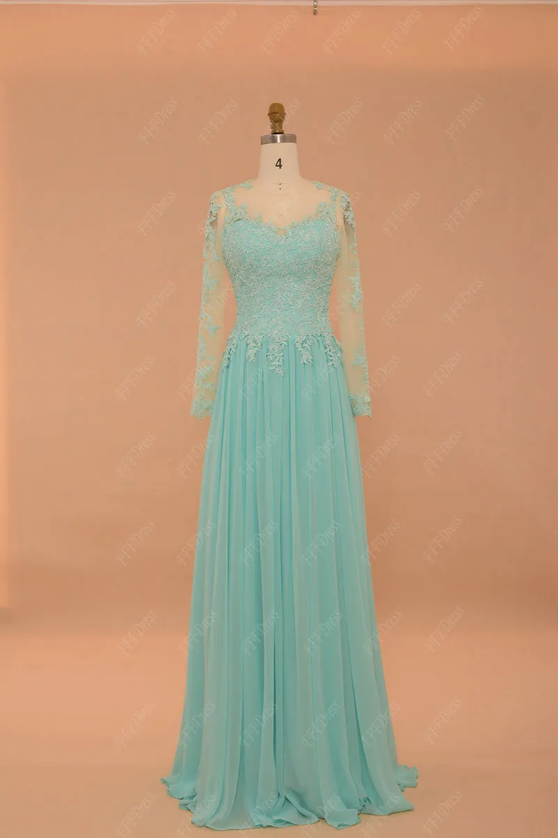 Backless Light Blue Modest Prom Dresses Long Sleeves