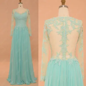 Backless Light Blue Modest Prom Dresses Long Sleeves
