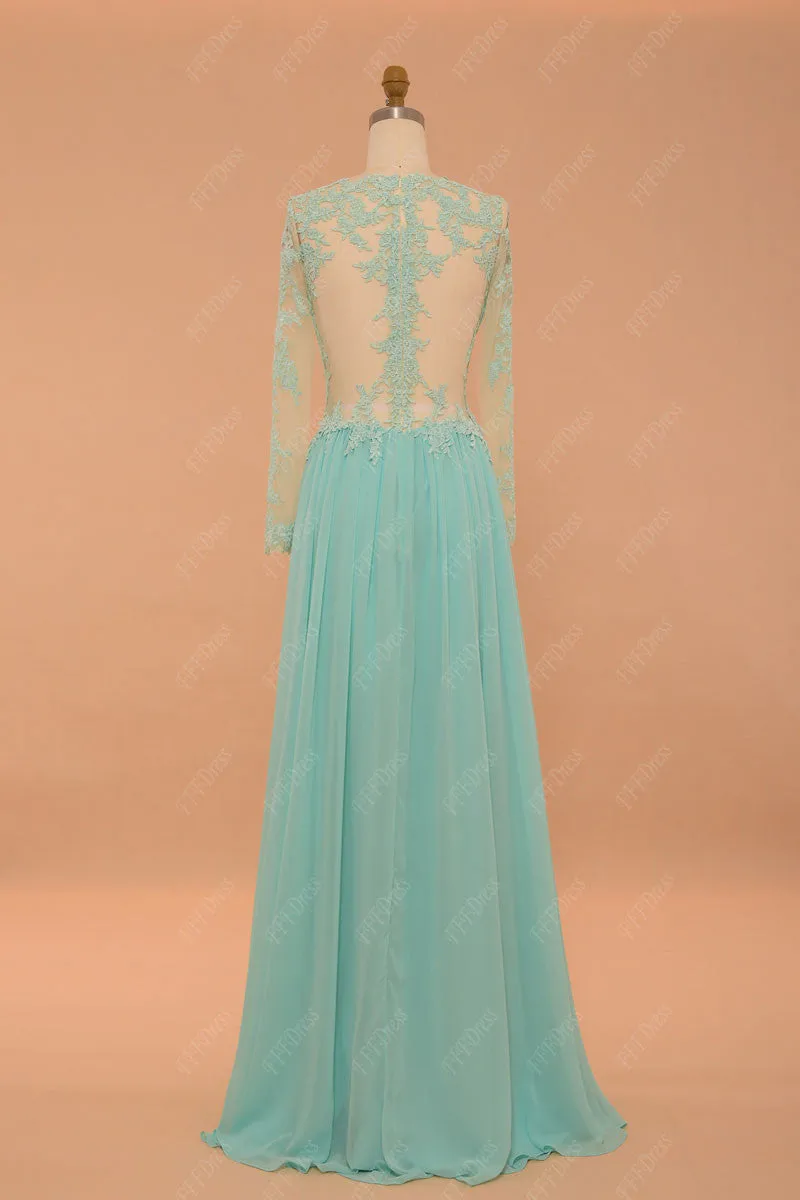 Backless Light Blue Modest Prom Dresses Long Sleeves