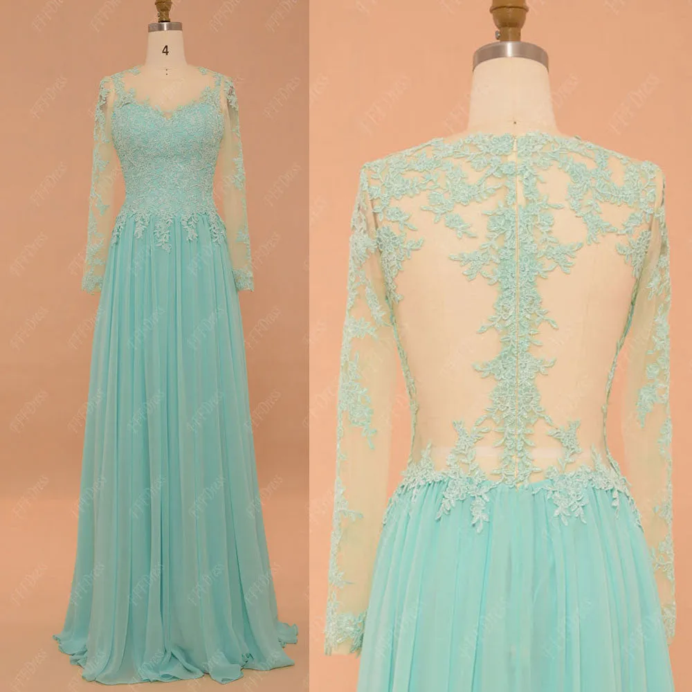 Backless Light Blue Modest Prom Dresses Long Sleeves