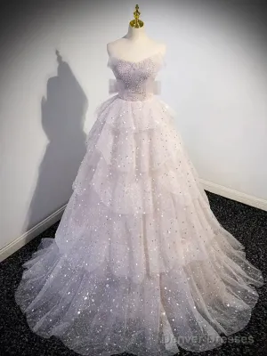 Ball Gown Off Shoulder Tulle Sequin Light Pink Long Prom Dress