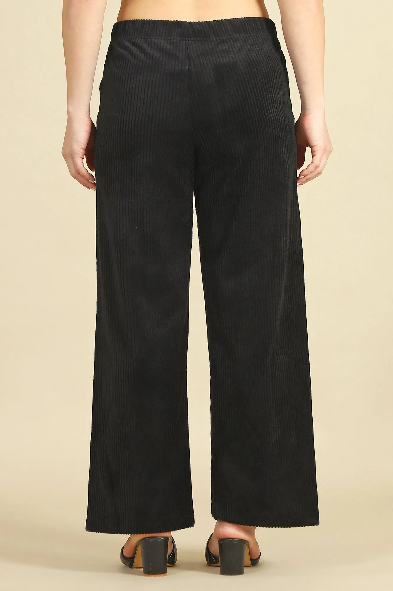 Black Solid Cotton Blend Straight Pants