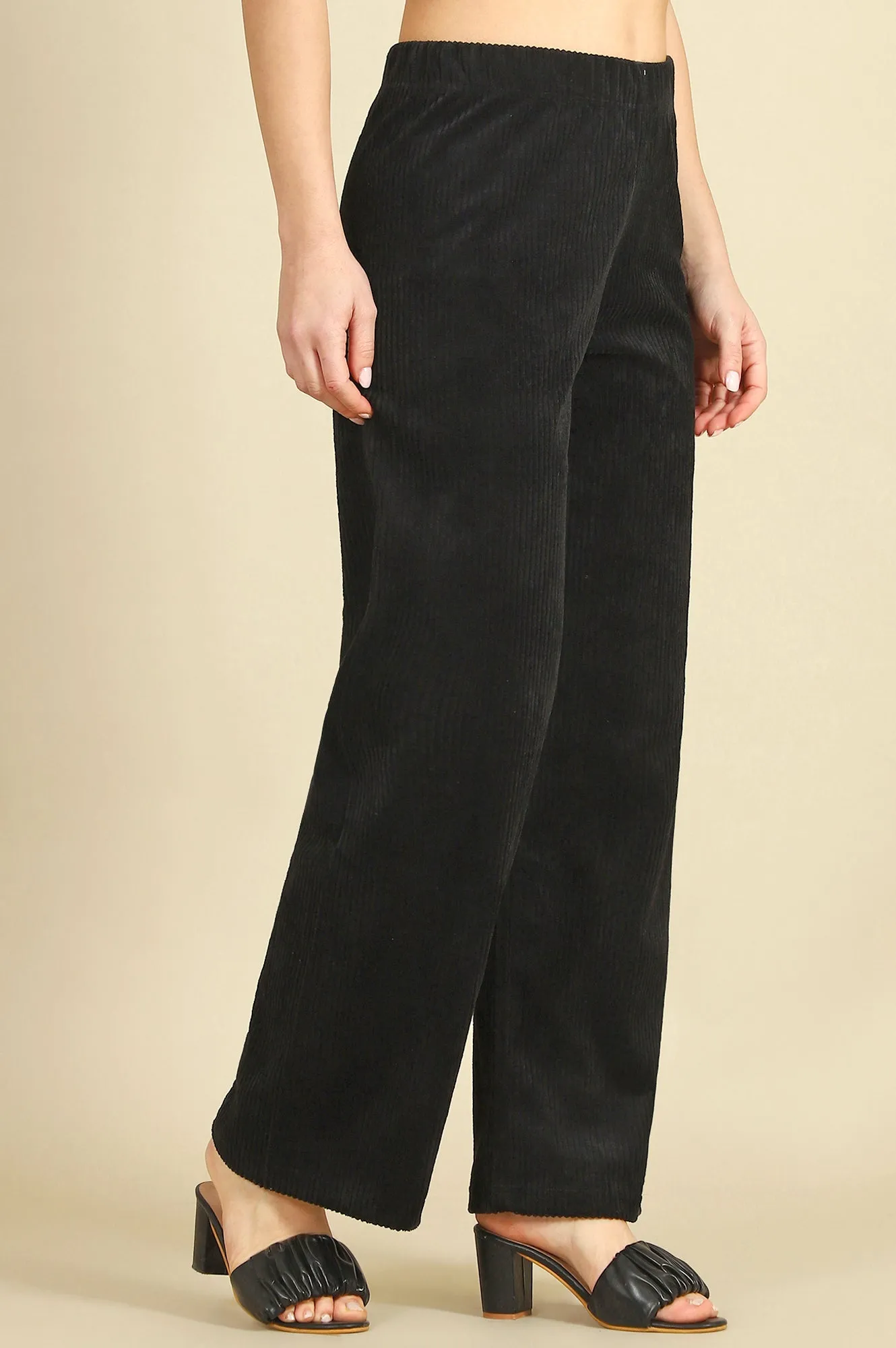 Black Solid Cotton Blend Straight Pants