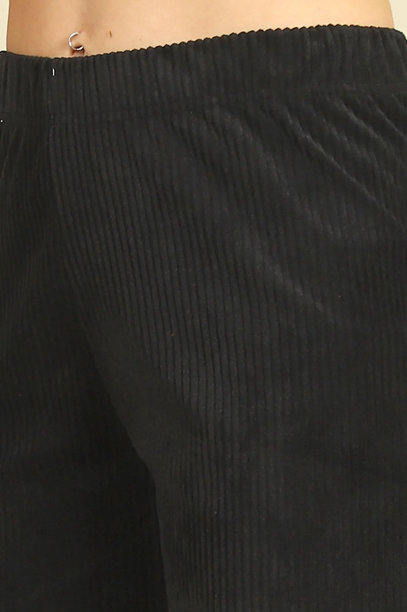 Black Solid Cotton Blend Straight Pants