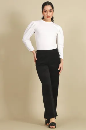 Black Solid Cotton Blend Straight Pants