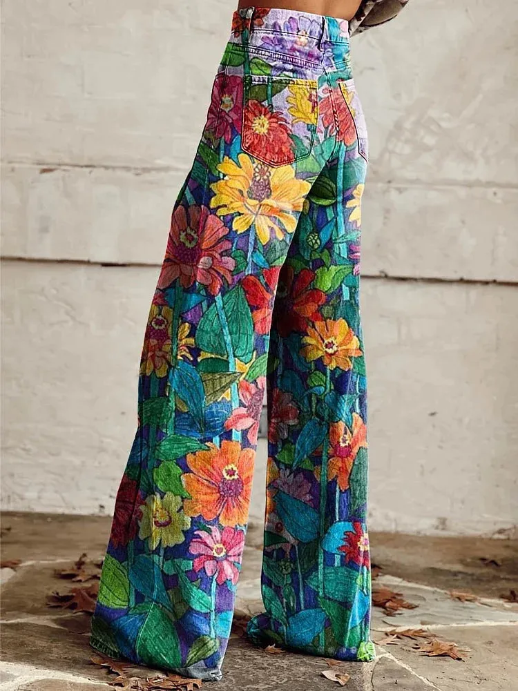 Brooklyn - Relaxed Fit Daisy Print Wide Leg Trousers