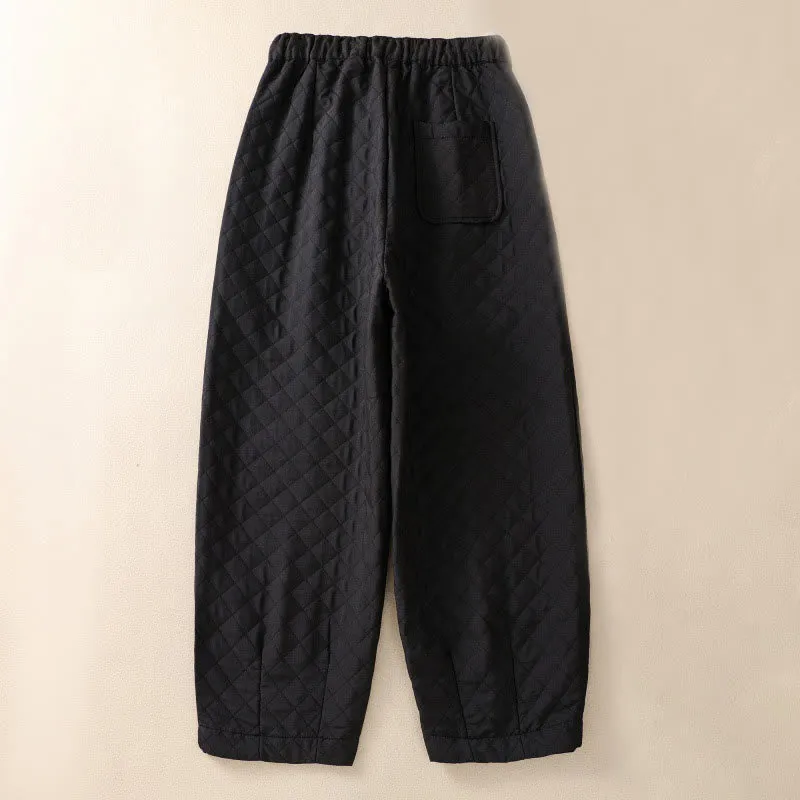 Buddha Stones Fall Winter Simple Plaid Cotton Drawstring Harem Pants With Pockets