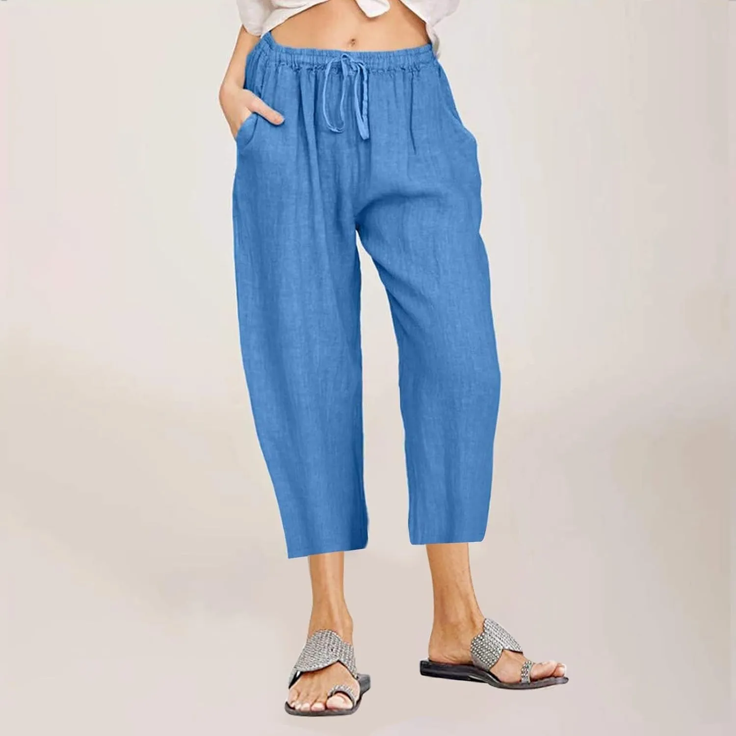 Capri Pants for Women Casual 2024 Summer Drawstring Elastic High Waist with Pockets