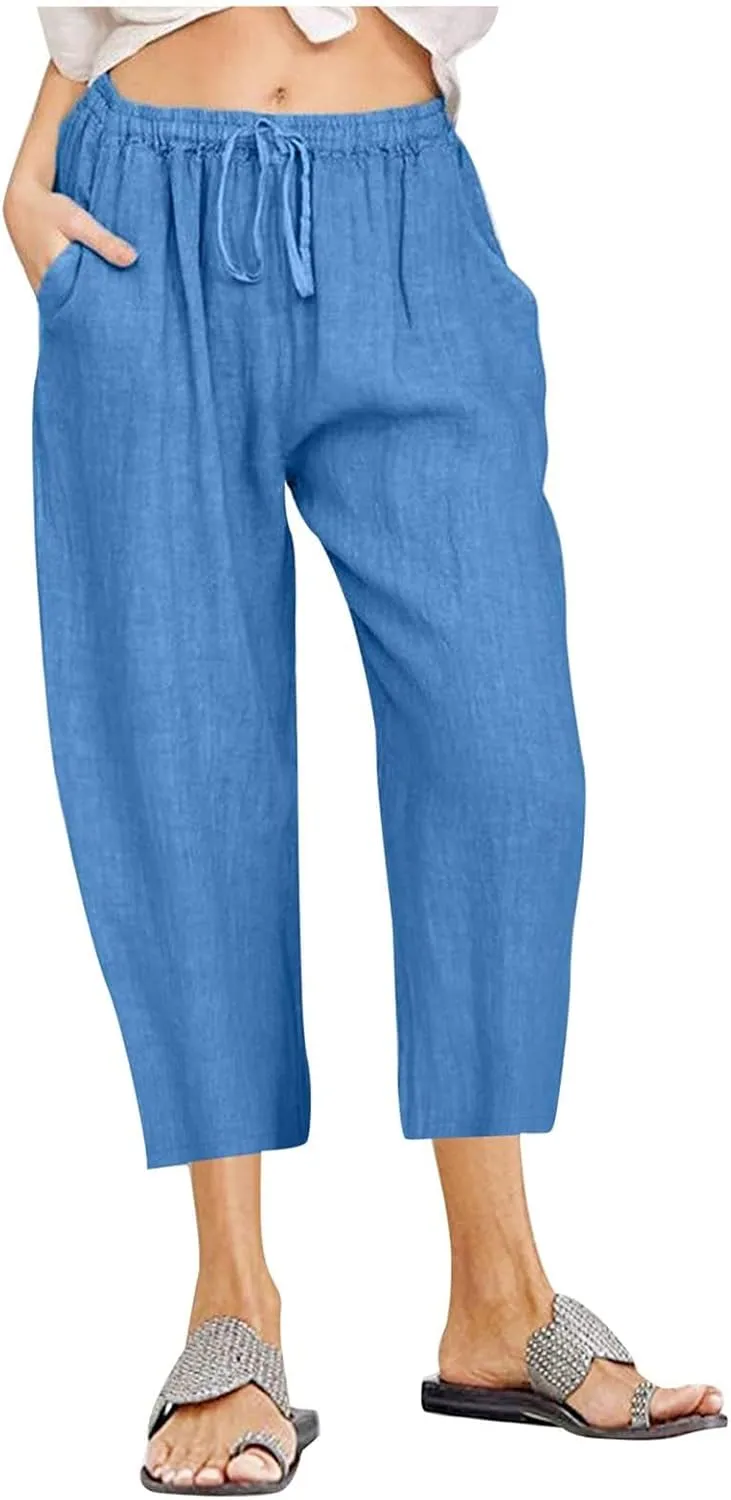 Capri Pants for Women Casual 2024 Summer Drawstring Elastic High Waist with Pockets