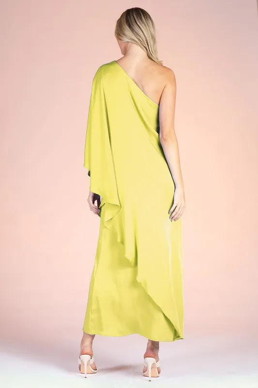 Chartreuse Washed Poly Silk Athena One Shoulder Maxi