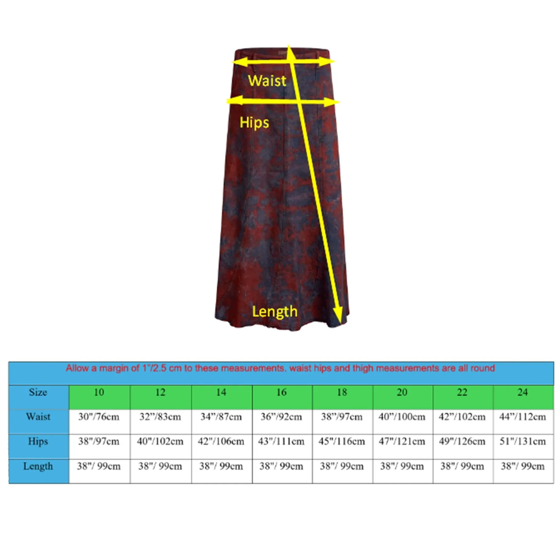 Clove Jeans Tie Dye Maxi Skirt Full Length Denim A-Line Skirt Plus Size(12-24)
