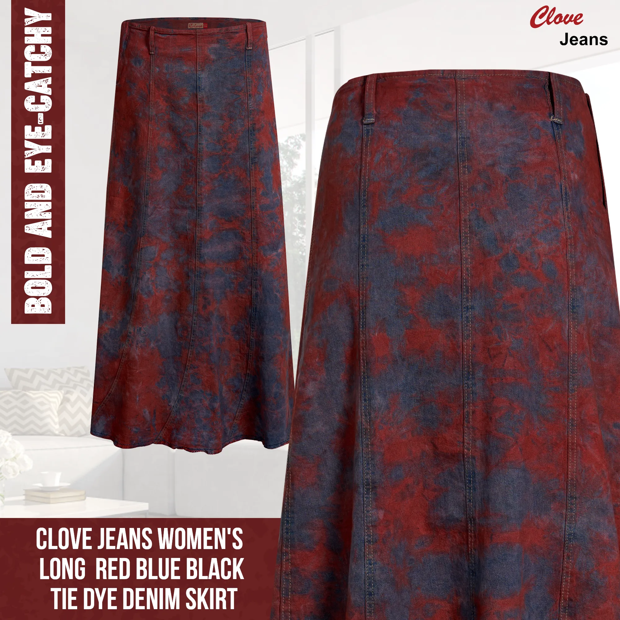 Clove Jeans Tie Dye Maxi Skirt Full Length Denim A-Line Skirt Plus Size(12-24)
