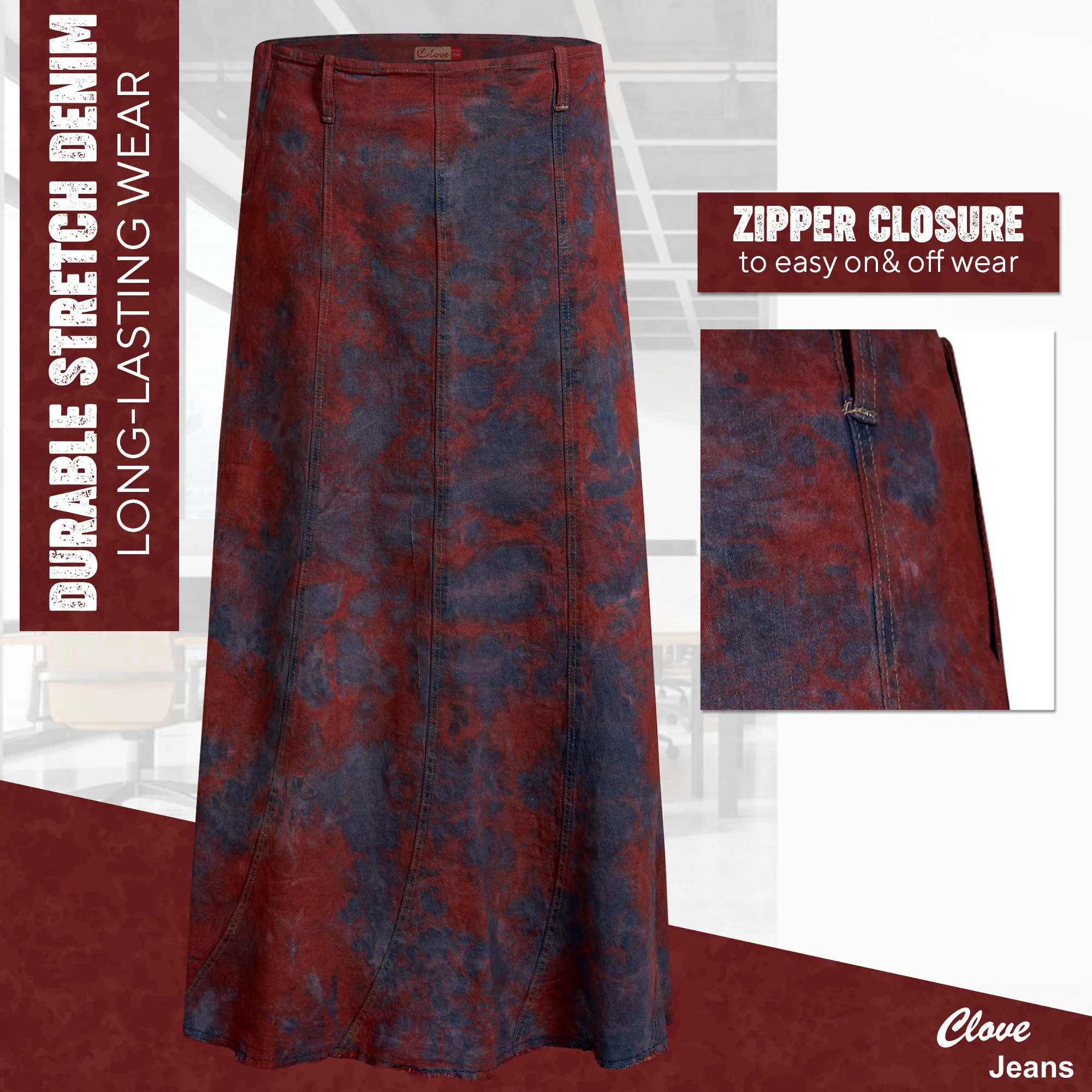 Clove Jeans Tie Dye Maxi Skirt Full Length Denim A-Line Skirt Plus Size(12-24)