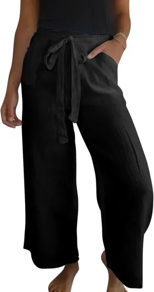 Cotton Line Drawstring Waist Linen Pants for Women High Waist Relaxed Fit Casual Trousers with Pockets