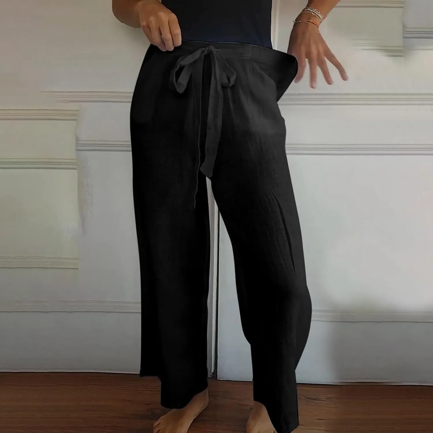 Cotton Line Drawstring Waist Linen Pants for Women High Waist Relaxed Fit Casual Trousers with Pockets