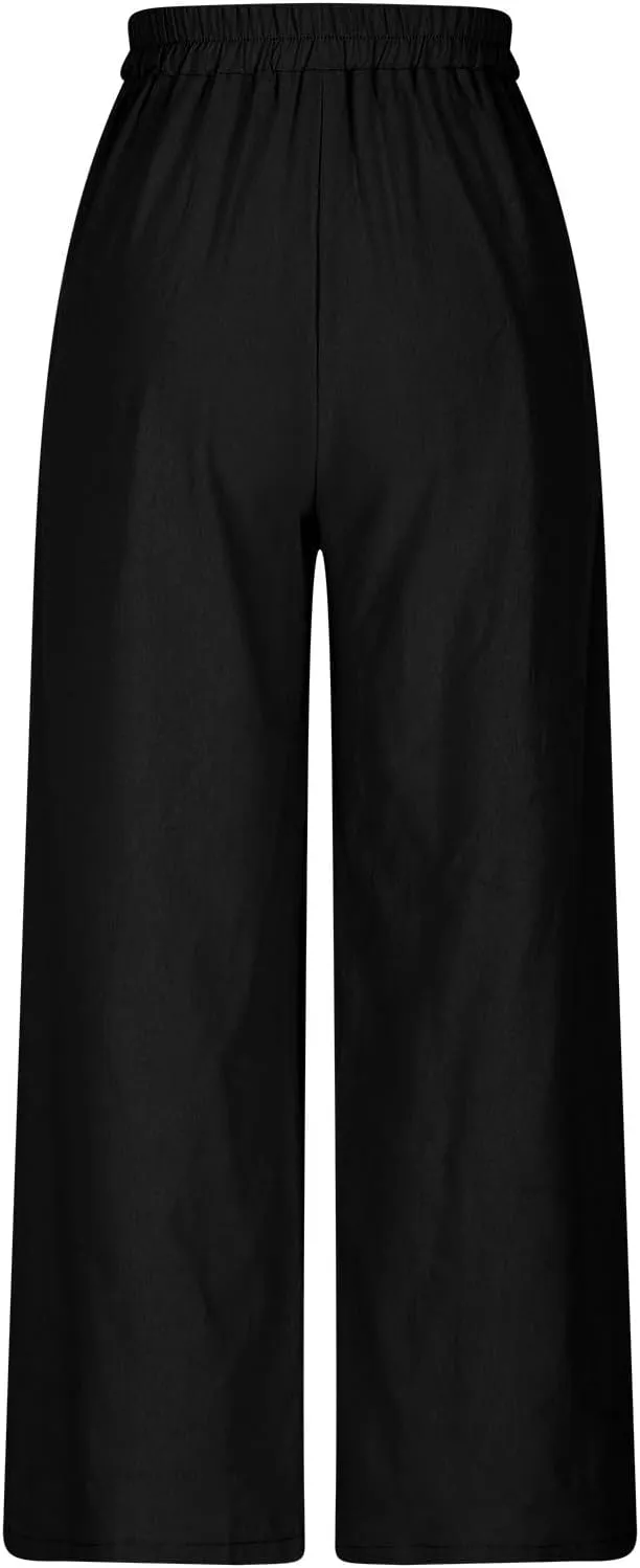 Cotton Line Drawstring Waist Linen Pants for Women High Waist Relaxed Fit Casual Trousers with Pockets