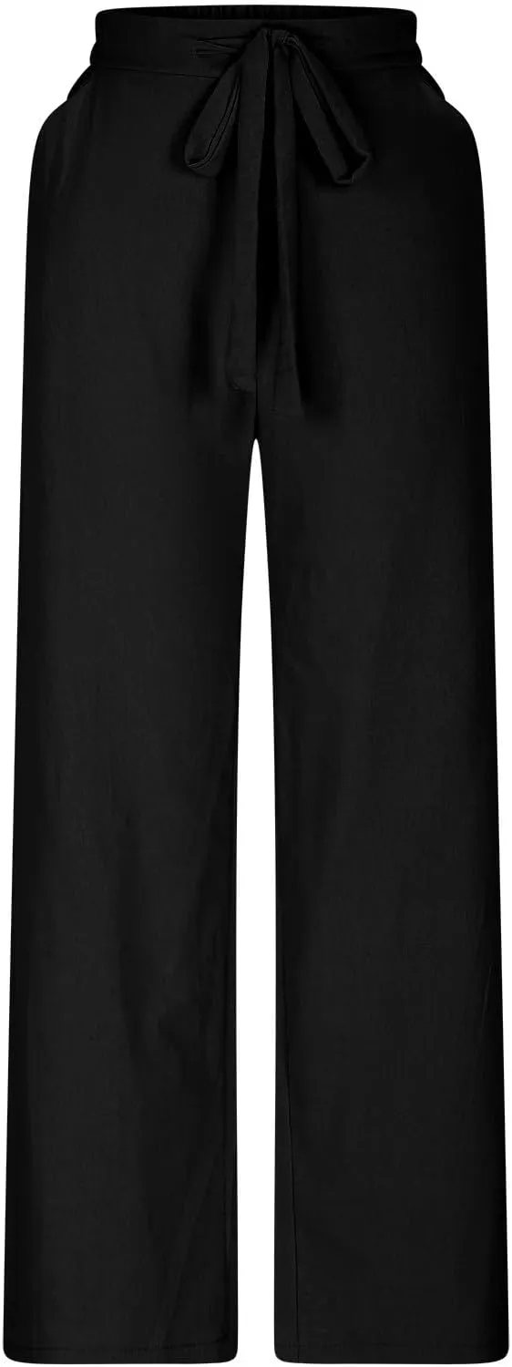Cotton Line Drawstring Waist Linen Pants for Women High Waist Relaxed Fit Casual Trousers with Pockets