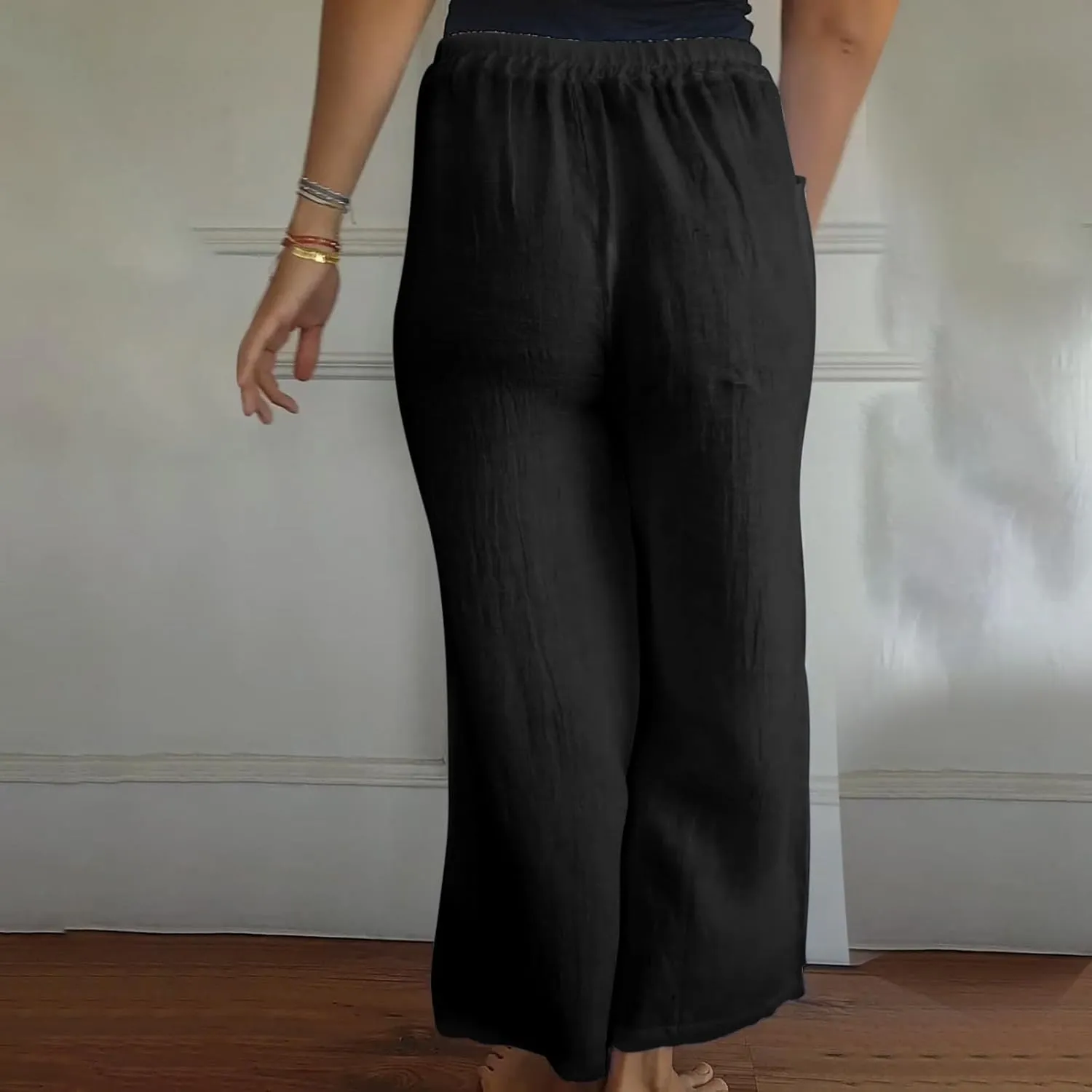 Cotton Line Drawstring Waist Linen Pants for Women High Waist Relaxed Fit Casual Trousers with Pockets