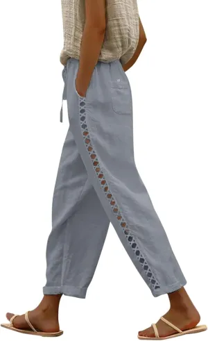 Cotton Linen Pants Women Summer Elastic Waisted Crop Pants Plus Size Straight Leg Slacks Casual Trousers with Pockets