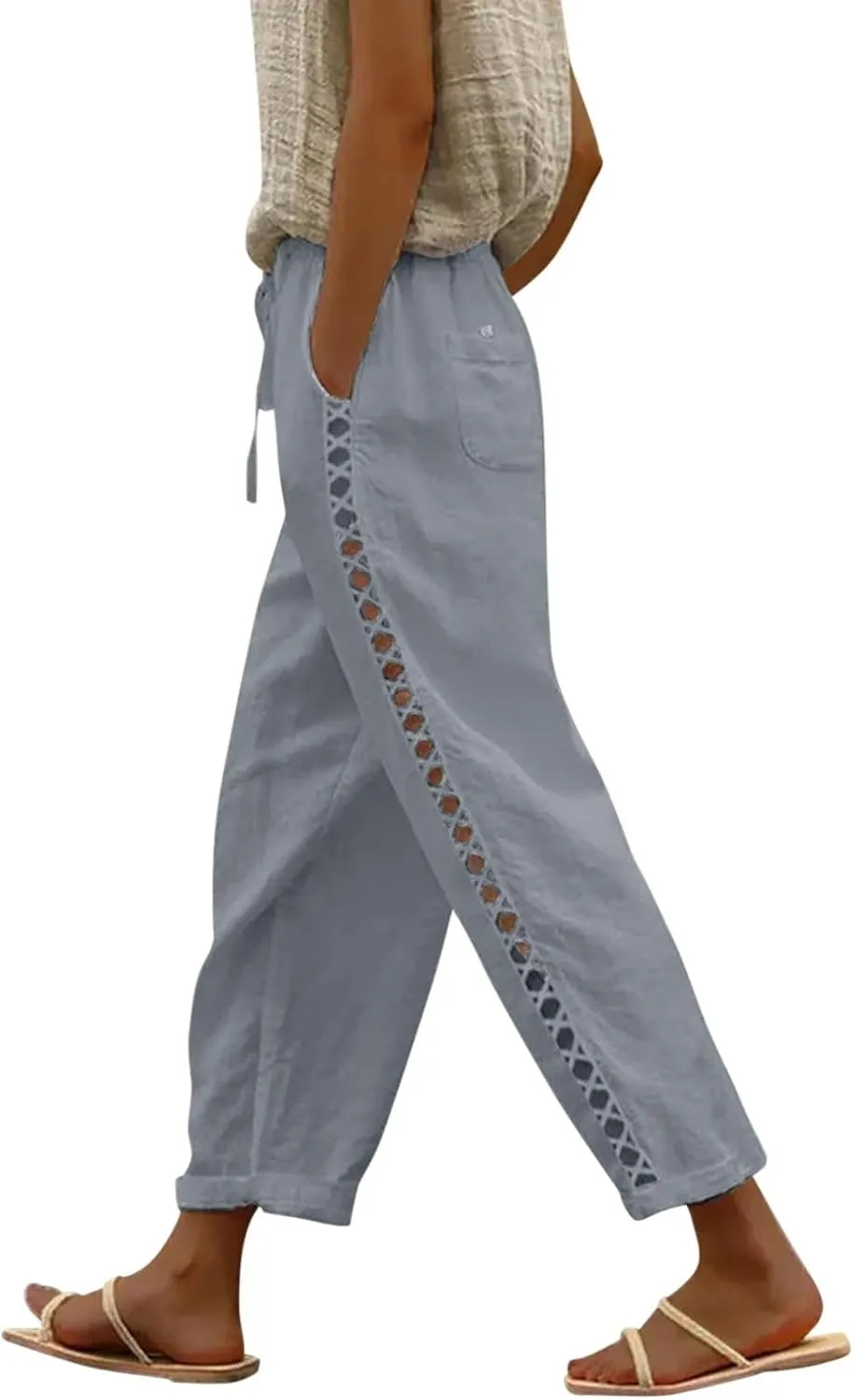 Cotton Linen Pants Women Summer Elastic Waisted Crop Pants Plus Size Straight Leg Slacks Casual Trousers with Pockets