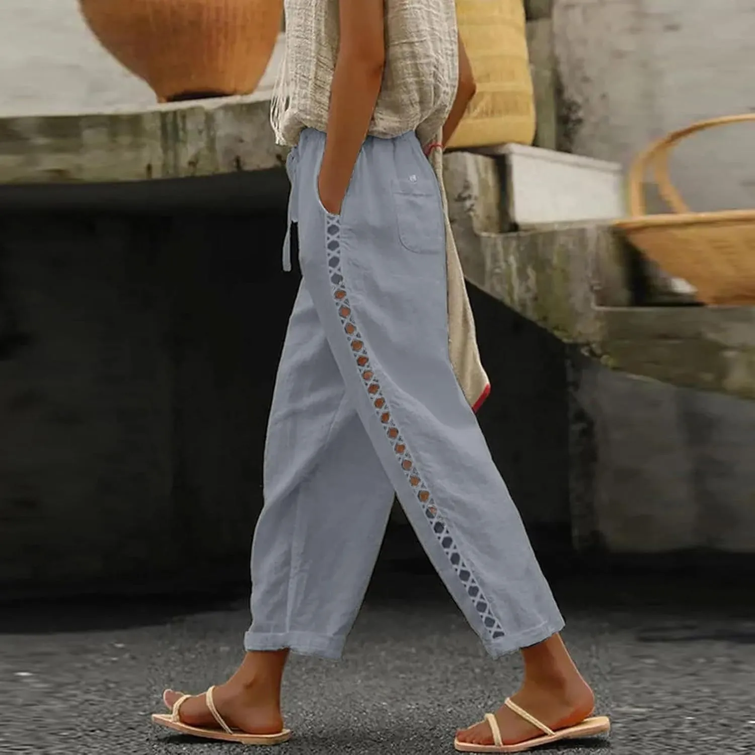 Cotton Linen Pants Women Summer Elastic Waisted Crop Pants Plus Size Straight Leg Slacks Casual Trousers with Pockets