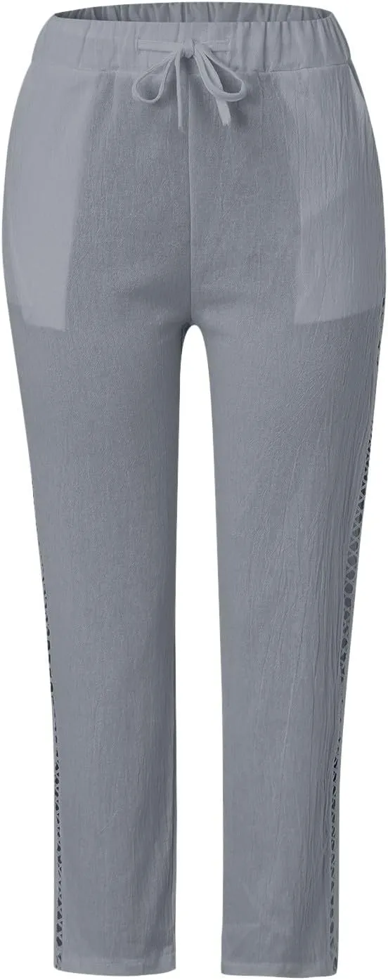 Cotton Linen Pants Women Summer Elastic Waisted Crop Pants Plus Size Straight Leg Slacks Casual Trousers with Pockets