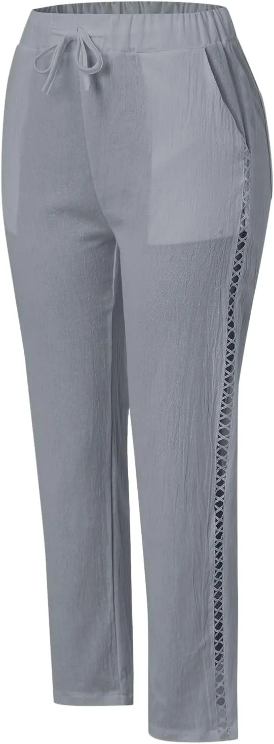 Cotton Linen Pants Women Summer Elastic Waisted Crop Pants Plus Size Straight Leg Slacks Casual Trousers with Pockets