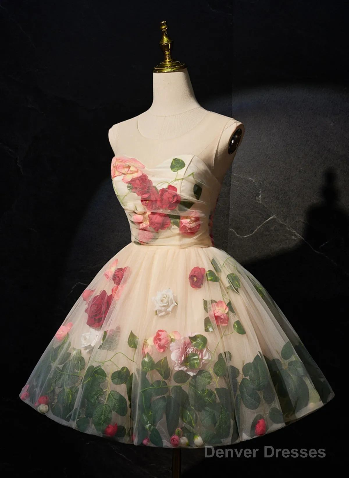 Cute Light Champagne Tulle With Flowers Party Dress, Cute Short Prom Dress Party Dress