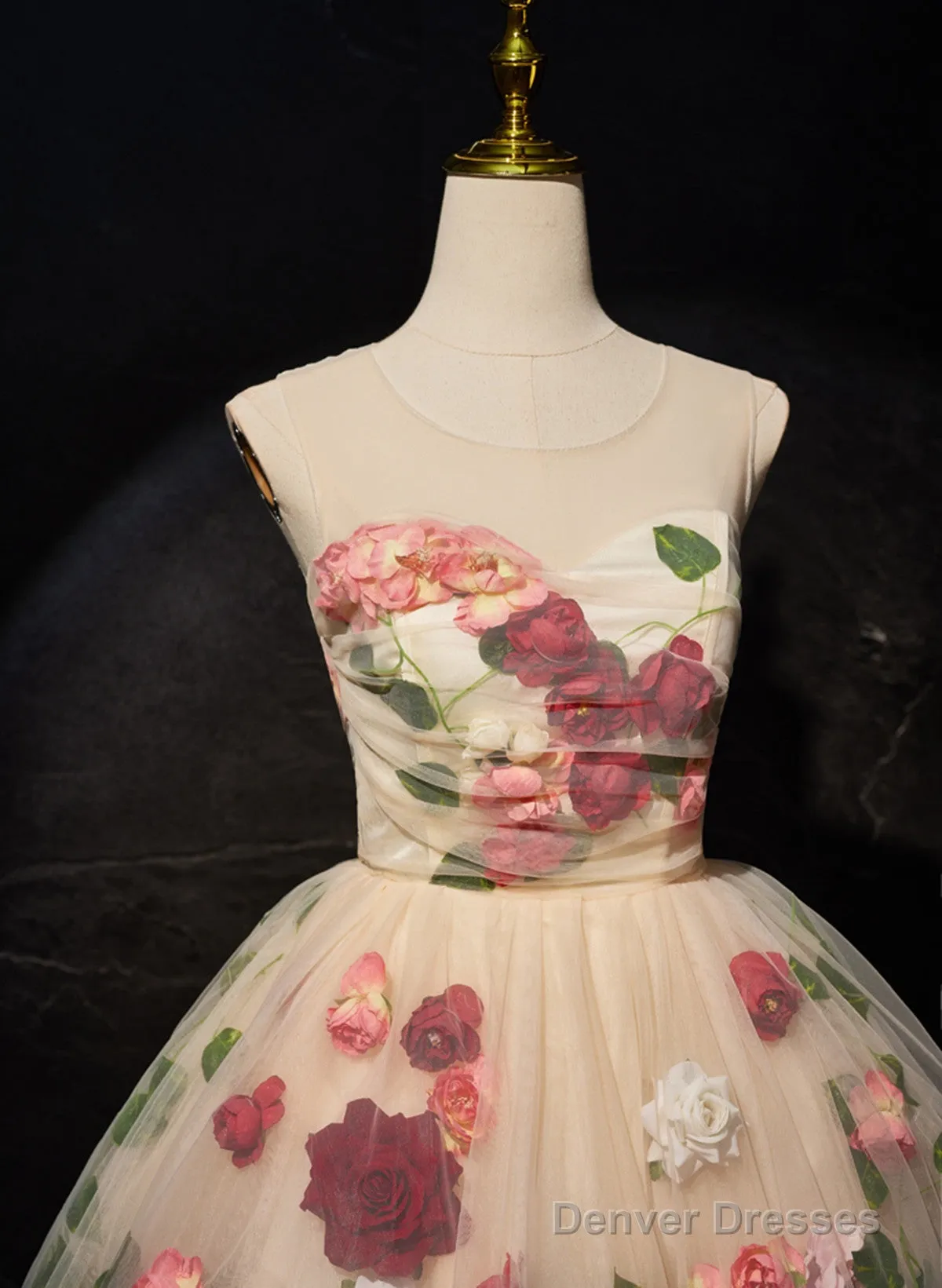 Cute Light Champagne Tulle With Flowers Party Dress, Cute Short Prom Dress Party Dress