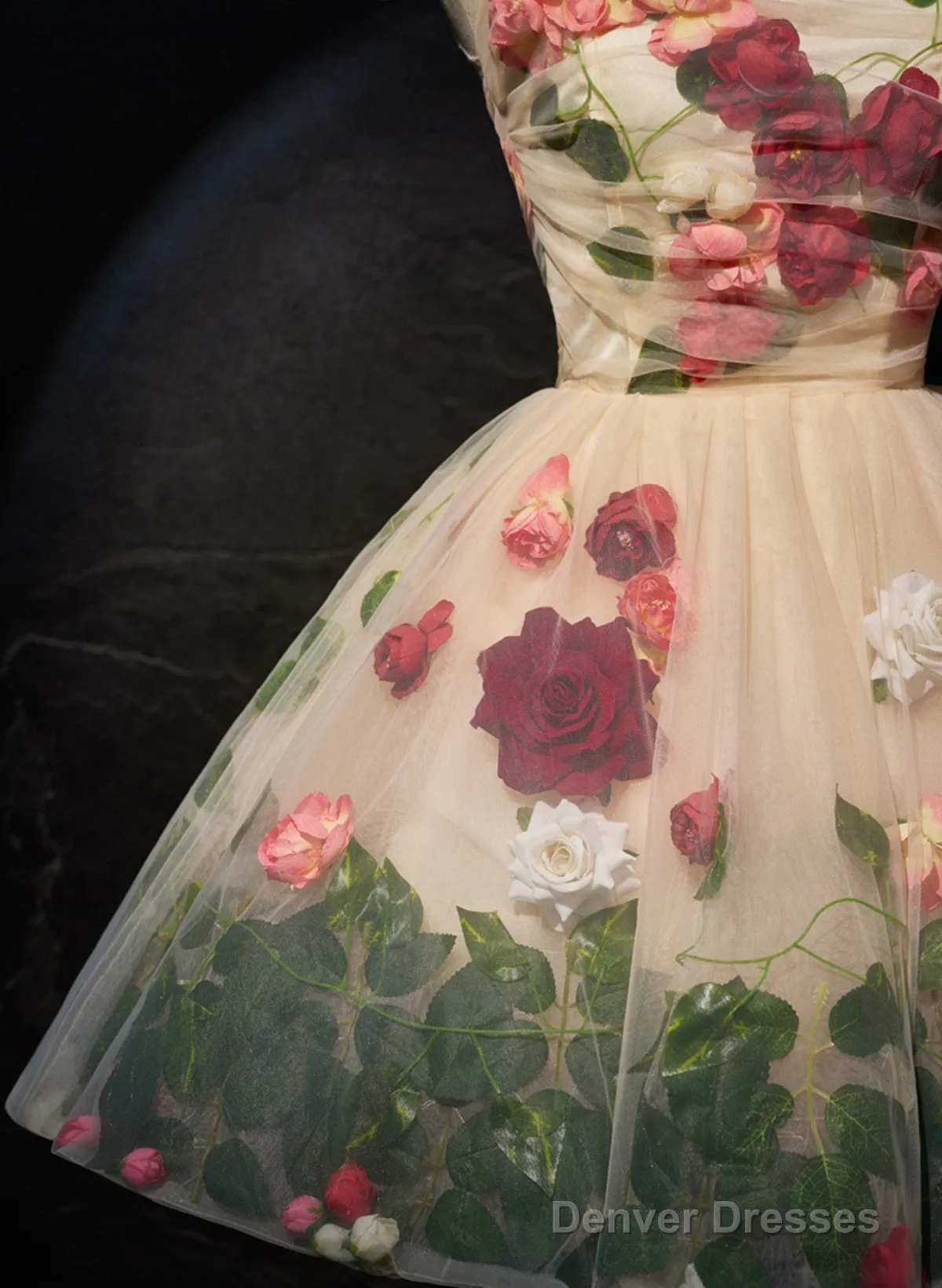 Cute Light Champagne Tulle With Flowers Party Dress, Cute Short Prom Dress Party Dress