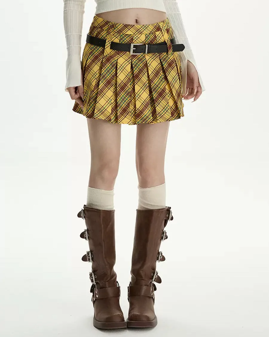 Double Belt Plaid Pleated Skirt in Yellow