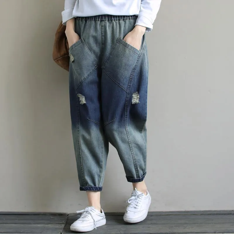 Elegant Spring Casual Pants Stylish Denim Dark Blue Shape Elastic Waist Hole Wild Pants