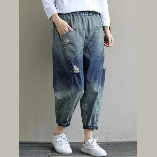 Elegant Spring Casual Pants Stylish Denim Dark Blue Shape Elastic Waist Hole Wild Pants