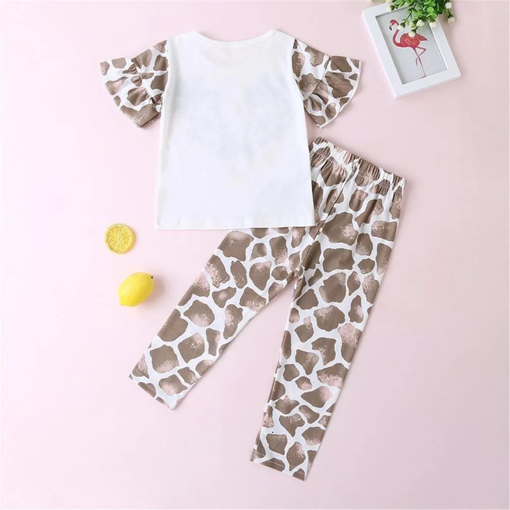 Girls Leopard Deer Head Printed Short Sleeve Top & Trousers Baby Girl Wholesale