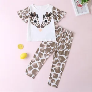 Girls Leopard Deer Head Printed Short Sleeve Top & Trousers Baby Girl Wholesale