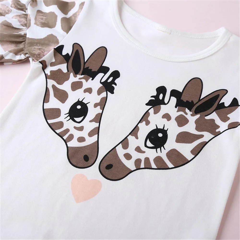 Girls Leopard Deer Head Printed Short Sleeve Top & Trousers Baby Girl Wholesale