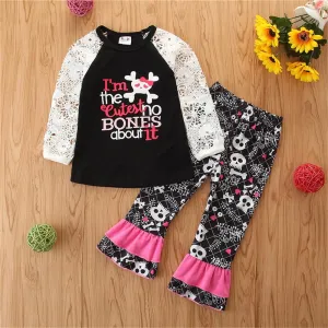 Girls Long Sleeve Hollow Out Letter Printed Top & Bell Pants Wholesale
