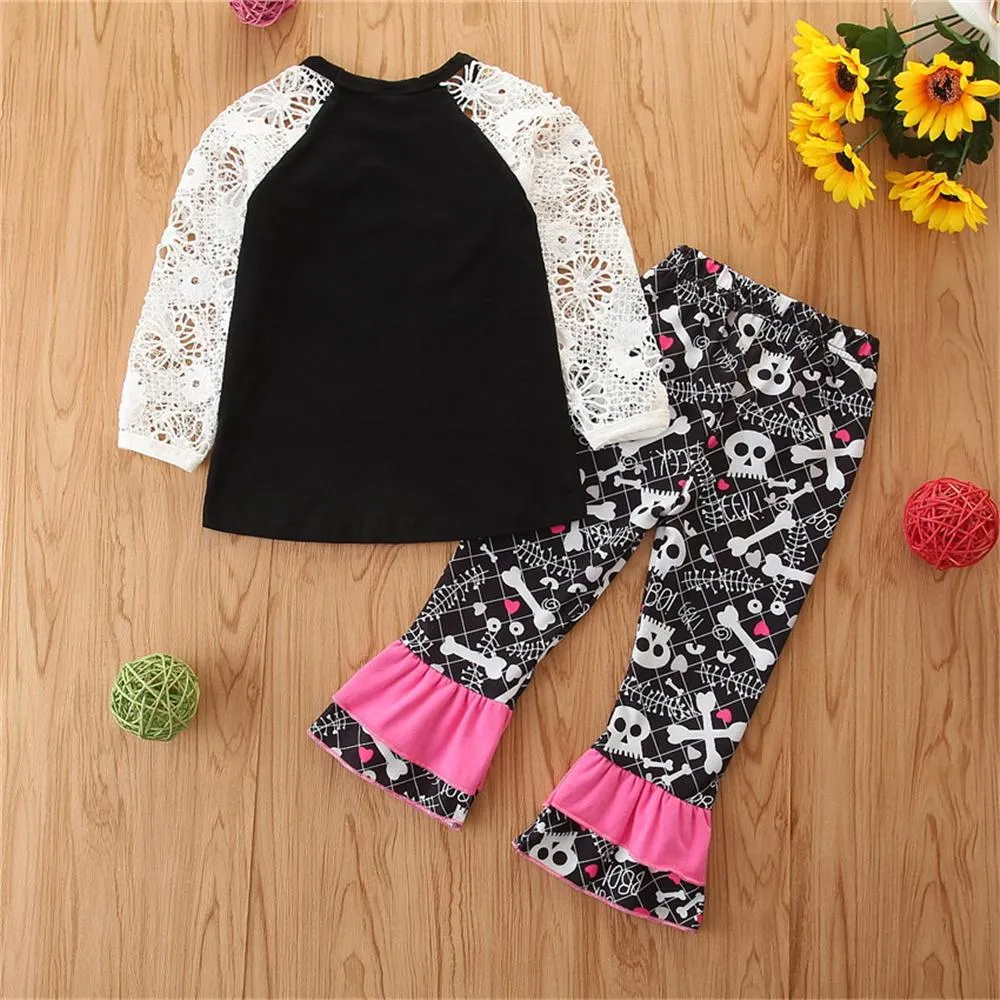 Girls Long Sleeve Hollow Out Letter Printed Top & Bell Pants Wholesale