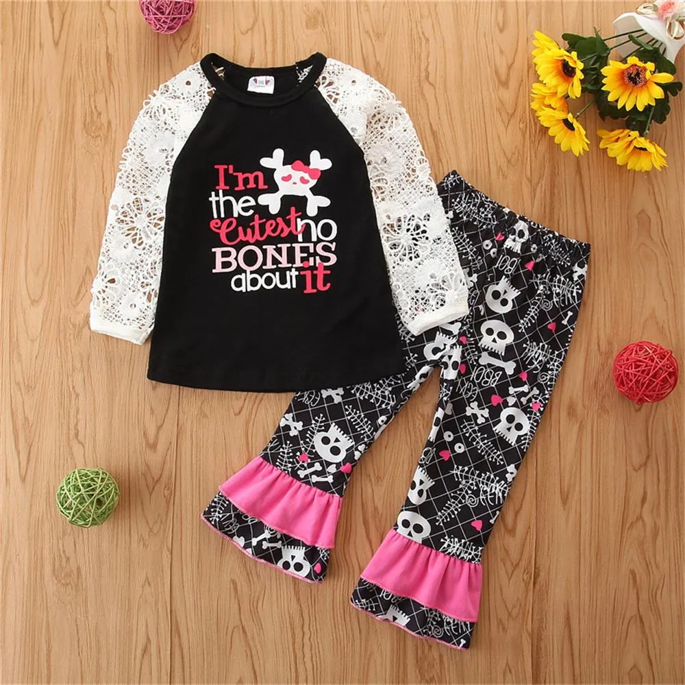 Girls Long Sleeve Hollow Out Letter Printed Top & Bell Pants Wholesale