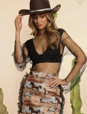 Glitter Rhinestone Fishnet Crop Top  Festival-Ready Sparkle