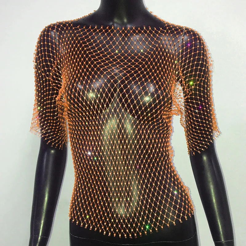 Glitter Rhinestone Fishnet Crop Top  Festival-Ready Sparkle