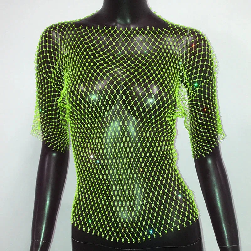Glitter Rhinestone Fishnet Crop Top  Festival-Ready Sparkle