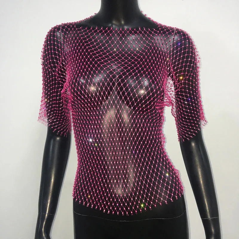 Glitter Rhinestone Fishnet Crop Top  Festival-Ready Sparkle