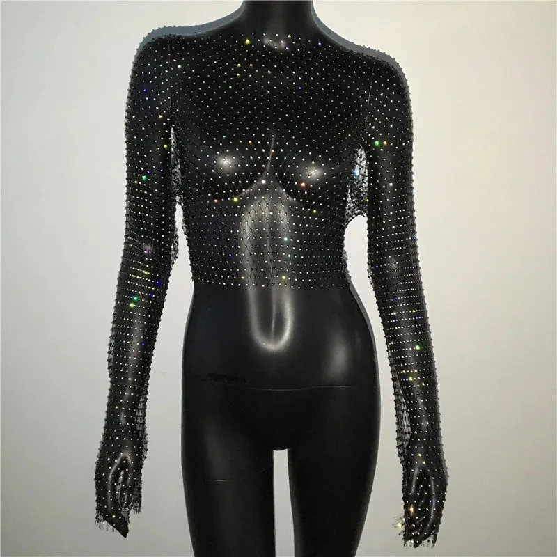 Glitter Rhinestone Fishnet Crop Top  Festival-Ready Sparkle