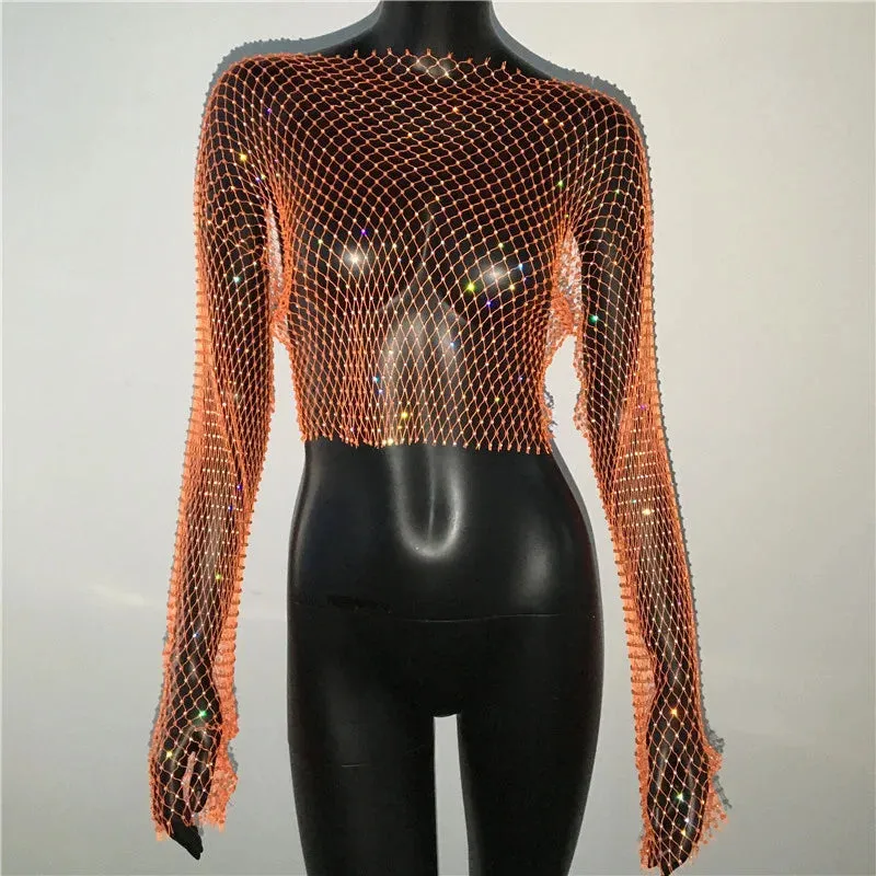Glitter Rhinestone Fishnet Crop Top  Festival-Ready Sparkle