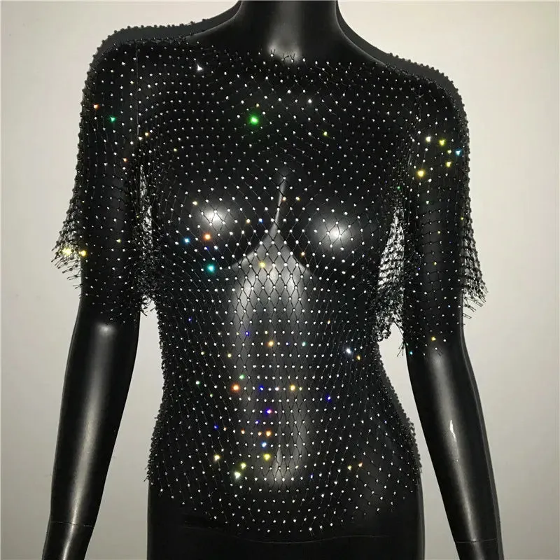 Glitter Rhinestone Fishnet Crop Top  Festival-Ready Sparkle